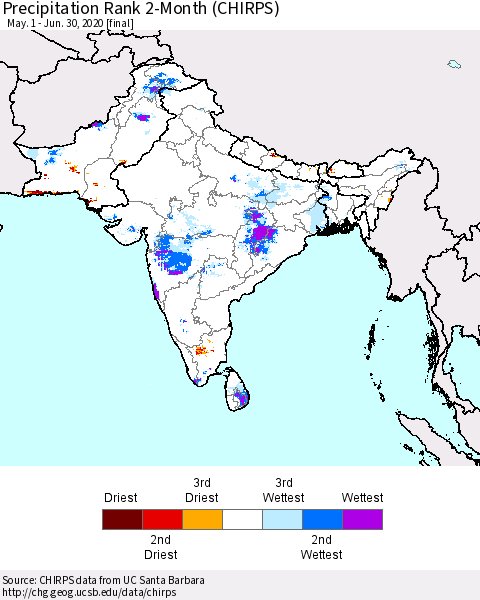 Southern Asia Precipitation Rank since 1981, 2-Month (CHIRPS) Thematic Map For 5/1/2020 - 6/30/2020