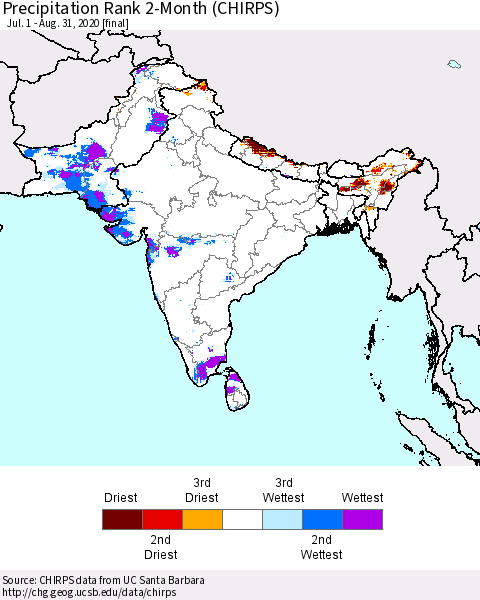 Southern Asia Precipitation Rank 2-Month (CHIRPS) Thematic Map For 7/1/2020 - 8/31/2020