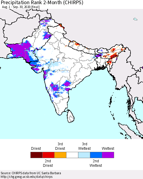 Southern Asia Precipitation Rank since 1981, 2-Month (CHIRPS) Thematic Map For 8/1/2020 - 9/30/2020