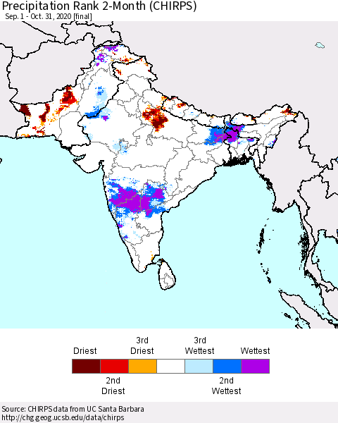 Southern Asia Precipitation Rank since 1981, 2-Month (CHIRPS) Thematic Map For 9/1/2020 - 10/31/2020
