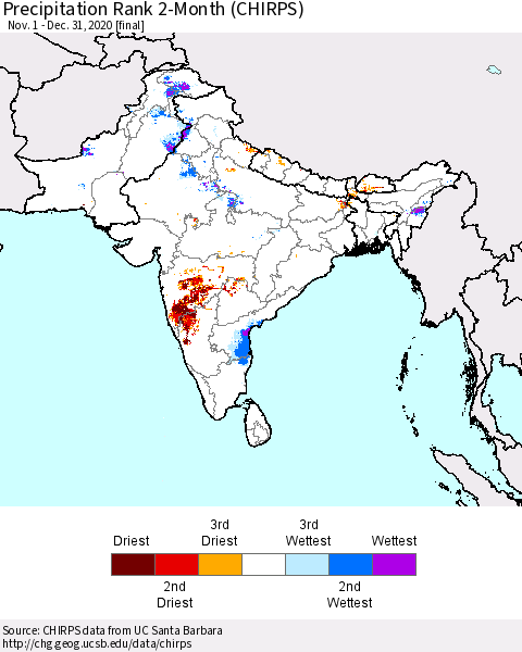 Southern Asia Precipitation Rank 2-Month (CHIRPS) Thematic Map For 11/1/2020 - 12/31/2020