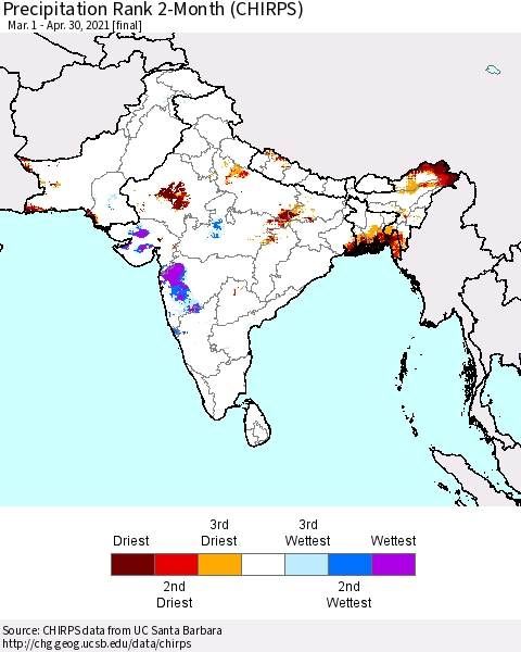 Southern Asia Precipitation Rank since 1981, 2-Month (CHIRPS) Thematic Map For 3/1/2021 - 4/30/2021