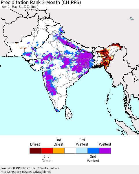 Southern Asia Precipitation Rank 2-Month (CHIRPS) Thematic Map For 4/1/2021 - 5/31/2021