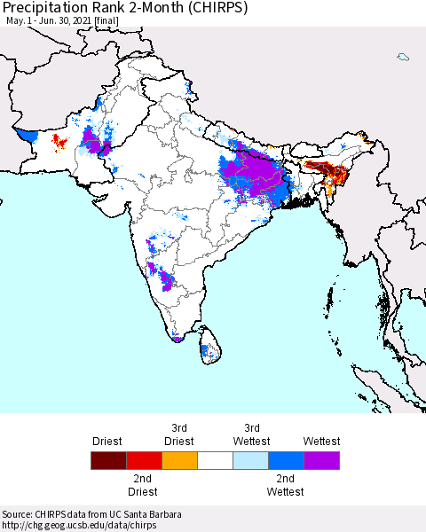 Southern Asia Precipitation Rank 2-Month (CHIRPS) Thematic Map For 5/1/2021 - 6/30/2021
