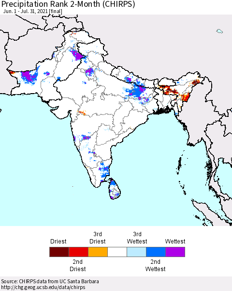 Southern Asia Precipitation Rank 2-Month (CHIRPS) Thematic Map For 6/1/2021 - 7/31/2021