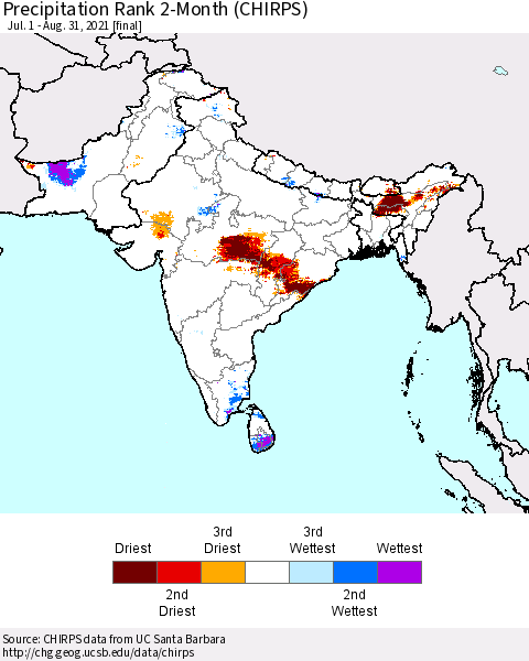 Southern Asia Precipitation Rank 2-Month (CHIRPS) Thematic Map For 7/1/2021 - 8/31/2021