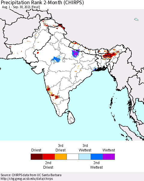 Southern Asia Precipitation Rank 2-Month (CHIRPS) Thematic Map For 8/1/2021 - 9/30/2021