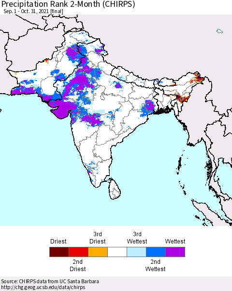 Southern Asia Precipitation Rank 2-Month (CHIRPS) Thematic Map For 9/1/2021 - 10/31/2021