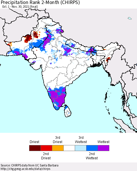 Southern Asia Precipitation Rank 2-Month (CHIRPS) Thematic Map For 10/1/2021 - 11/30/2021