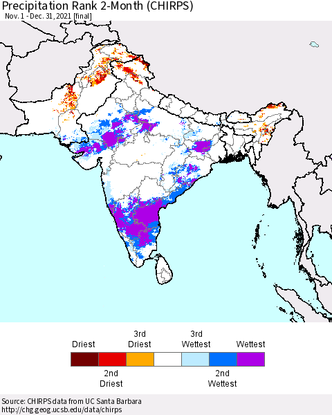 Southern Asia Precipitation Rank 2-Month (CHIRPS) Thematic Map For 11/1/2021 - 12/31/2021