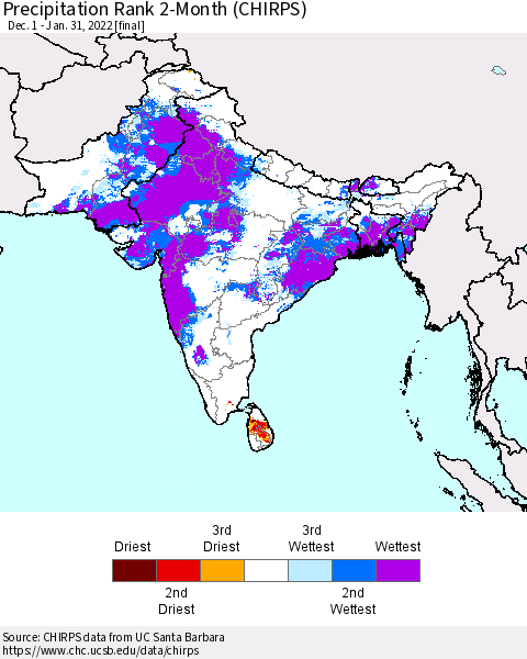 Southern Asia Precipitation Rank since 1981, 2-Month (CHIRPS) Thematic Map For 12/1/2021 - 1/31/2022
