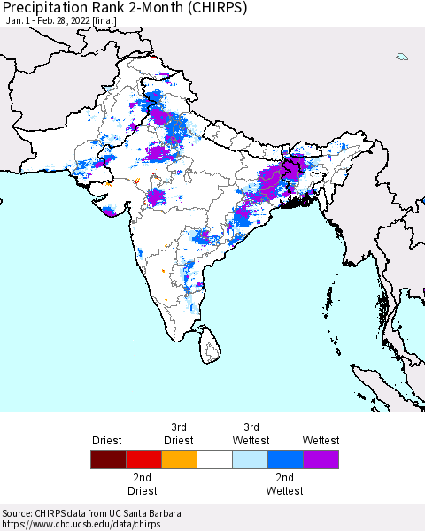 Southern Asia Precipitation Rank since 1981, 2-Month (CHIRPS) Thematic Map For 1/1/2022 - 2/28/2022