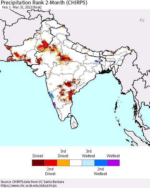 Southern Asia Precipitation Rank since 1981, 2-Month (CHIRPS) Thematic Map For 2/1/2022 - 3/31/2022
