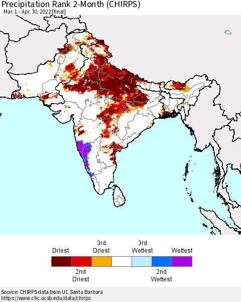 Southern Asia Precipitation Rank since 1981, 2-Month (CHIRPS) Thematic Map For 3/1/2022 - 4/30/2022