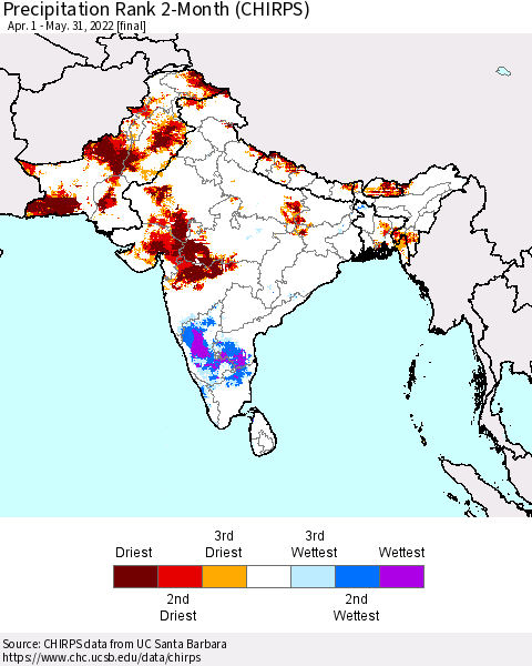 Southern Asia Precipitation Rank since 1981, 2-Month (CHIRPS) Thematic Map For 4/1/2022 - 5/31/2022