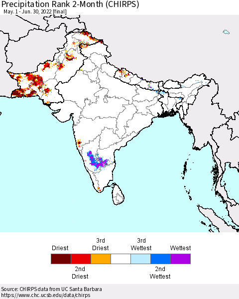 Southern Asia Precipitation Rank since 1981, 2-Month (CHIRPS) Thematic Map For 5/1/2022 - 6/30/2022