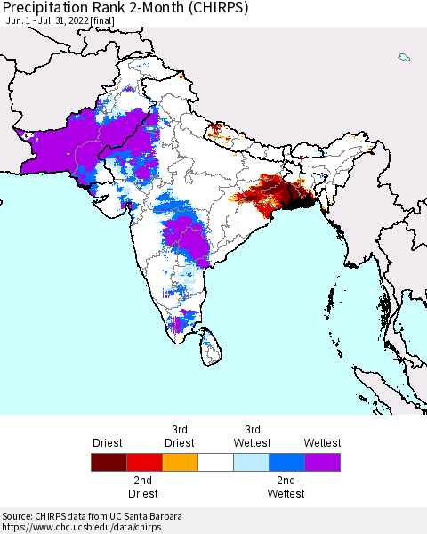 Southern Asia Precipitation Rank 2-Month (CHIRPS) Thematic Map For 6/1/2022 - 7/31/2022