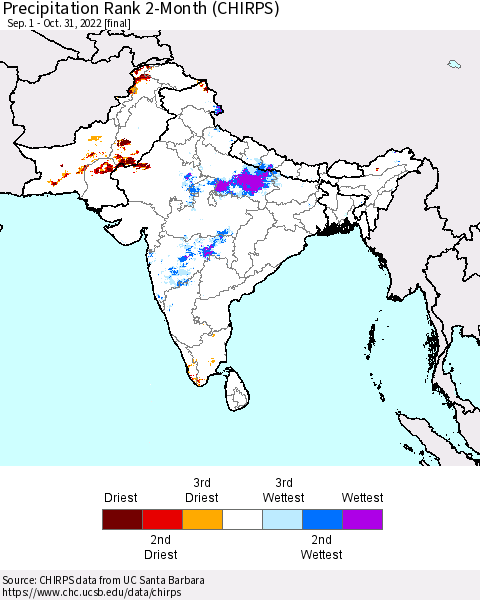 Southern Asia Precipitation Rank since 1981, 2-Month (CHIRPS) Thematic Map For 9/1/2022 - 10/31/2022