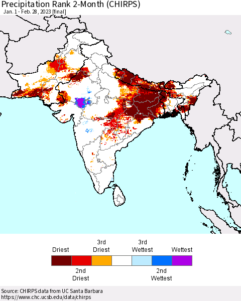 Southern Asia Precipitation Rank 2-Month (CHIRPS) Thematic Map For 1/1/2023 - 2/28/2023