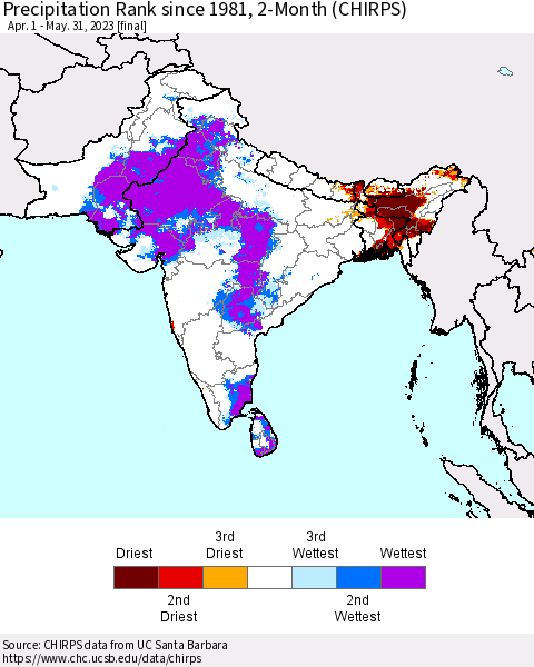 Southern Asia Precipitation Rank since 1981, 2-Month (CHIRPS) Thematic Map For 4/1/2023 - 5/31/2023