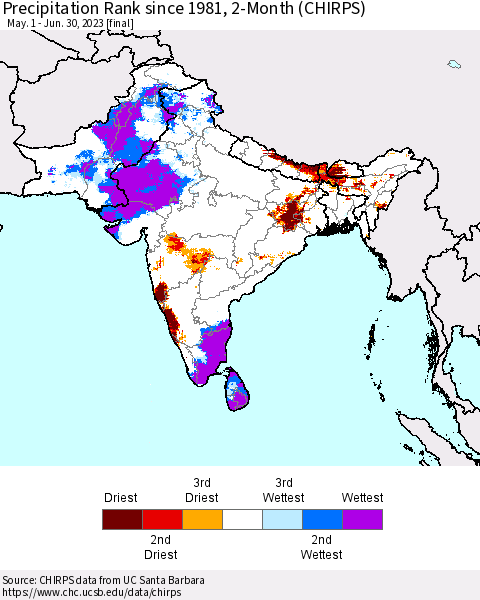Southern Asia Precipitation Rank since 1981, 2-Month (CHIRPS) Thematic Map For 5/1/2023 - 6/30/2023