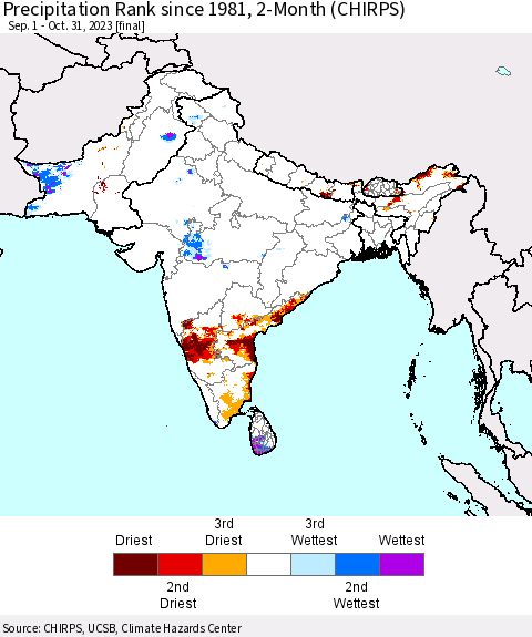 Southern Asia Precipitation Rank since 1981, 2-Month (CHIRPS) Thematic Map For 9/1/2023 - 10/31/2023