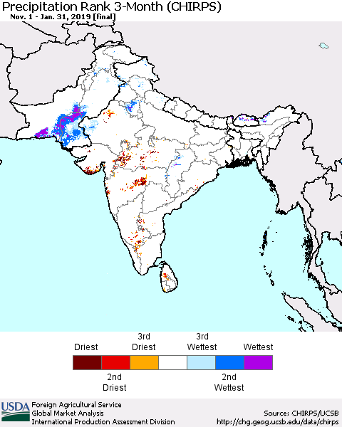 Southern Asia Precipitation Rank 3-Month (CHIRPS) Thematic Map For 11/1/2018 - 1/31/2019