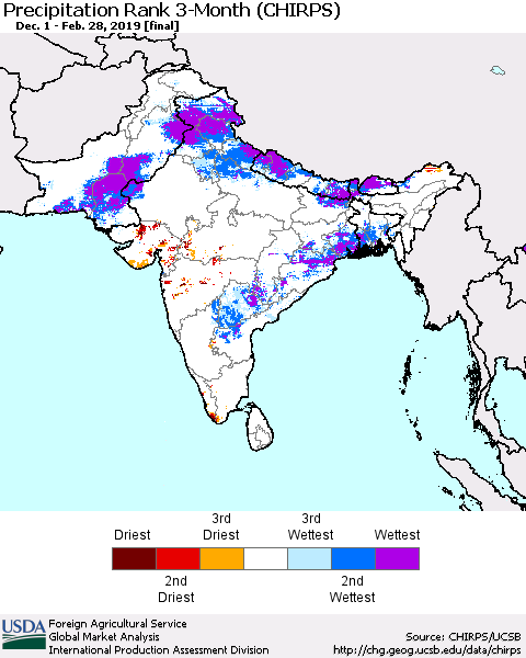 Southern Asia Precipitation Rank 3-Month (CHIRPS) Thematic Map For 12/1/2018 - 2/28/2019