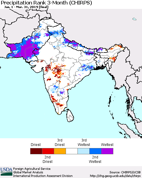 Southern Asia Precipitation Rank 3-Month (CHIRPS) Thematic Map For 1/1/2019 - 3/31/2019