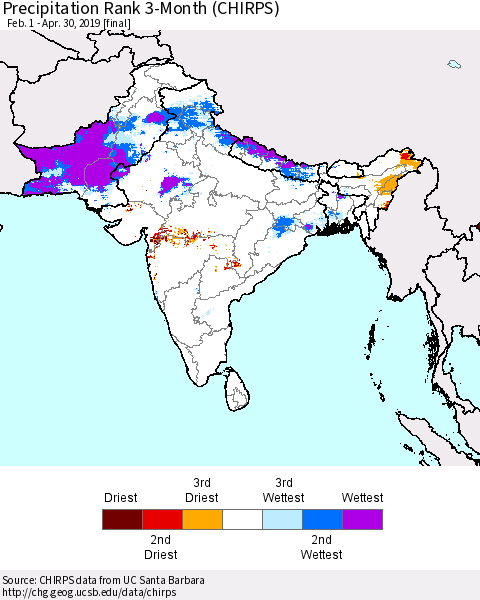 Southern Asia Precipitation Rank 3-Month (CHIRPS) Thematic Map For 2/1/2019 - 4/30/2019