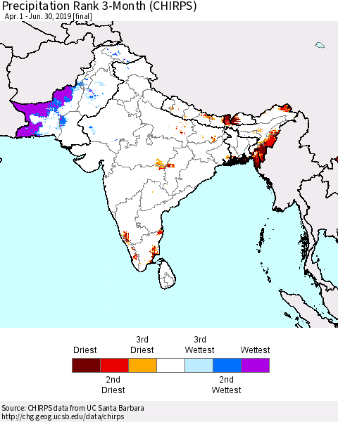 Southern Asia Precipitation Rank 3-Month (CHIRPS) Thematic Map For 4/1/2019 - 6/30/2019
