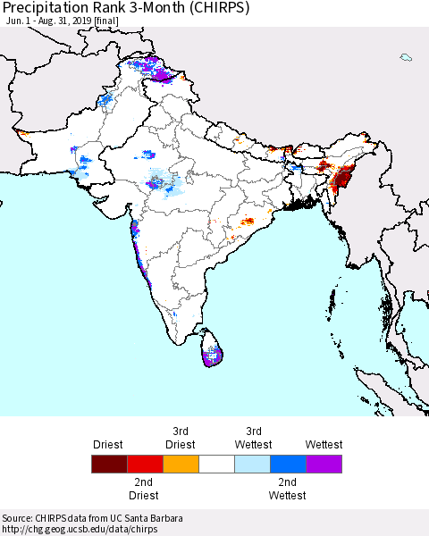 Southern Asia Precipitation Rank since 1981, 3-Month (CHIRPS) Thematic Map For 6/1/2019 - 8/31/2019