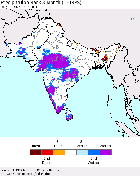 Southern Asia Precipitation Rank since 1981, 3-Month (CHIRPS) Thematic Map For 8/1/2019 - 10/31/2019