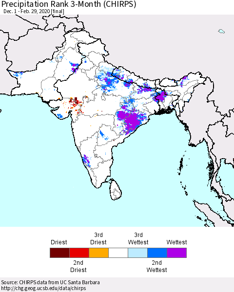 Southern Asia Precipitation Rank since 1981, 3-Month (CHIRPS) Thematic Map For 12/1/2019 - 2/29/2020