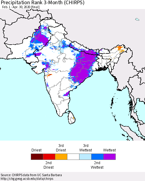 Southern Asia Precipitation Rank 3-Month (CHIRPS) Thematic Map For 2/1/2020 - 4/30/2020