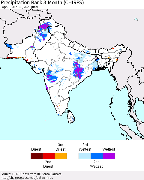 Southern Asia Precipitation Rank since 1981, 3-Month (CHIRPS) Thematic Map For 4/1/2020 - 6/30/2020