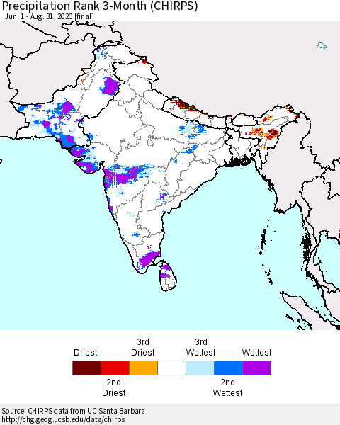 Southern Asia Precipitation Rank 3-Month (CHIRPS) Thematic Map For 6/1/2020 - 8/31/2020