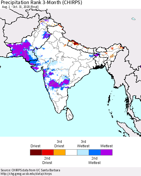 Southern Asia Precipitation Rank since 1981, 3-Month (CHIRPS) Thematic Map For 8/1/2020 - 10/31/2020
