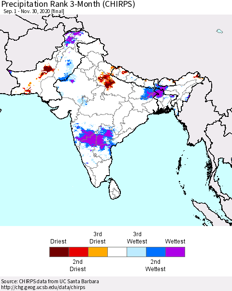 Southern Asia Precipitation Rank since 1981, 3-Month (CHIRPS) Thematic Map For 9/1/2020 - 11/30/2020