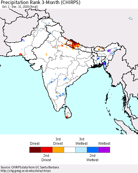 Southern Asia Precipitation Rank since 1981, 3-Month (CHIRPS) Thematic Map For 10/1/2020 - 12/31/2020