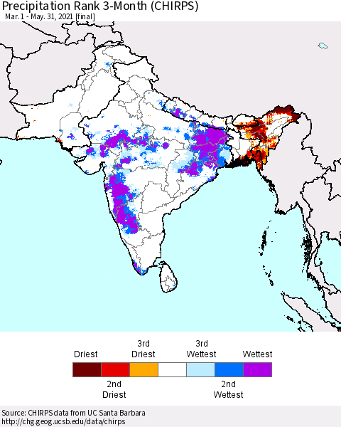 Southern Asia Precipitation Rank 3-Month (CHIRPS) Thematic Map For 3/1/2021 - 5/31/2021