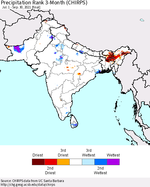 Southern Asia Precipitation Rank since 1981, 3-Month (CHIRPS) Thematic Map For 7/1/2021 - 9/30/2021