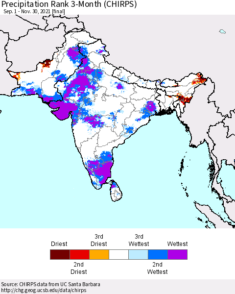 Southern Asia Precipitation Rank since 1981, 3-Month (CHIRPS) Thematic Map For 9/1/2021 - 11/30/2021