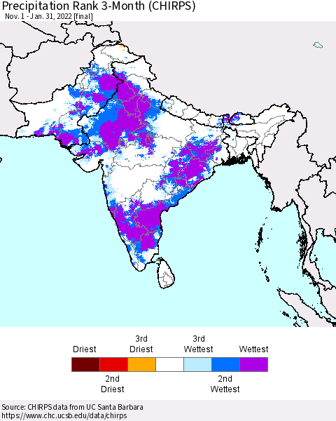 Southern Asia Precipitation Rank since 1981, 3-Month (CHIRPS) Thematic Map For 11/1/2021 - 1/31/2022