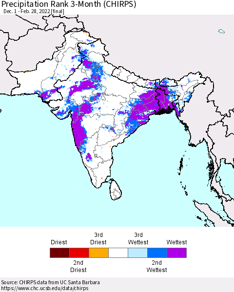 Southern Asia Precipitation Rank since 1981, 3-Month (CHIRPS) Thematic Map For 12/1/2021 - 2/28/2022