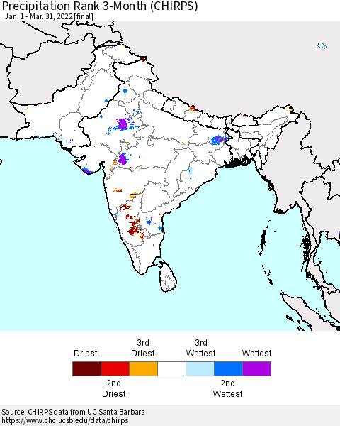 Southern Asia Precipitation Rank since 1981, 3-Month (CHIRPS) Thematic Map For 1/1/2022 - 3/31/2022