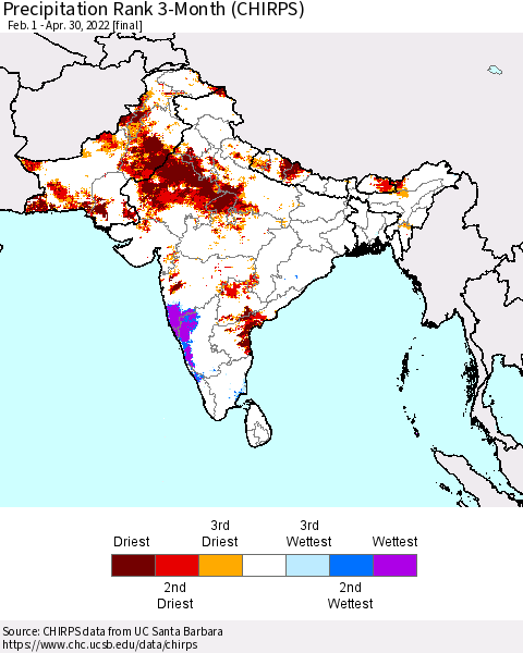 Southern Asia Precipitation Rank since 1981, 3-Month (CHIRPS) Thematic Map For 2/1/2022 - 4/30/2022