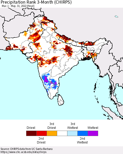 Southern Asia Precipitation Rank since 1981, 3-Month (CHIRPS) Thematic Map For 3/1/2022 - 5/31/2022
