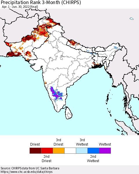 Southern Asia Precipitation Rank since 1981, 3-Month (CHIRPS) Thematic Map For 4/1/2022 - 6/30/2022