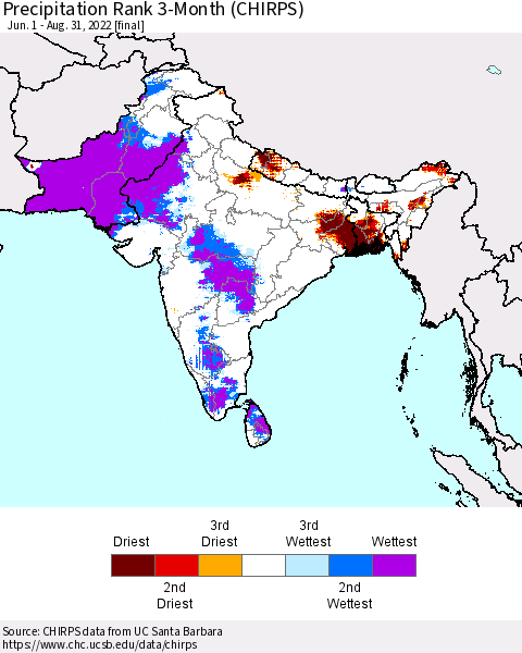 Southern Asia Precipitation Rank since 1981, 3-Month (CHIRPS) Thematic Map For 6/1/2022 - 8/31/2022
